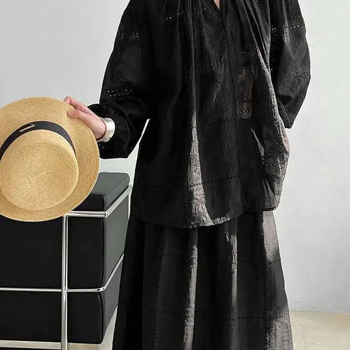 Load image into Gallery viewer, Lace Big Size Shirt Half-body Skirt Two Pieces Suit New Round Neck Long Sleeve Women Fashion Spring Autumn 2025 1DJ0062
