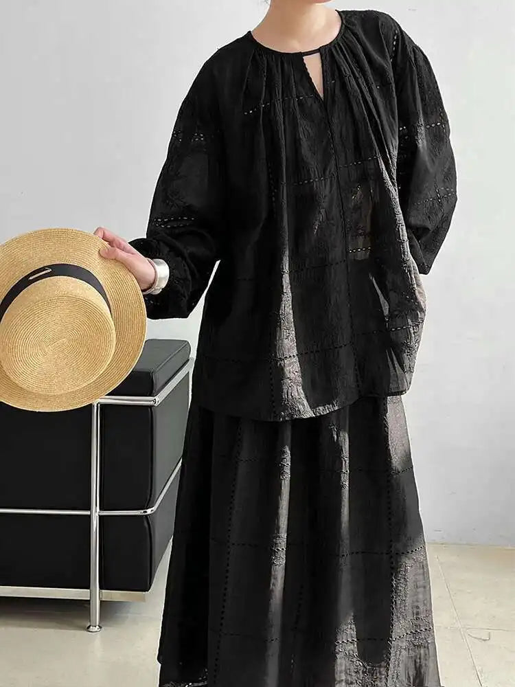 Lace Big Size Shirt Half-body Skirt Two Pieces Suit New Round Neck Long Sleeve Women Fashion Spring Autumn 2025 1DJ0062