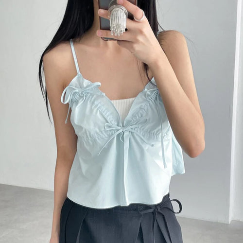 Load image into Gallery viewer, Korean Fashion Folds Strap Summer Crop Top Female Backless Hotsweet Ruched Lace-Up Camisole Holidays Kawaii Mini New
