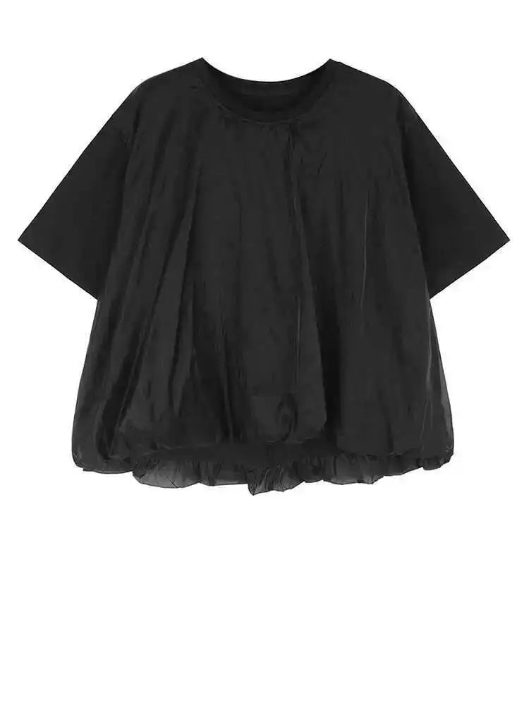 Women Apricot Double Layers Mesh Big Size Casual T-shirt New Round Neck Short Sleeve Fashion Spring Summer 2025 1DH6306