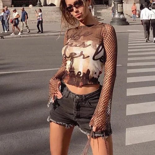 Load image into Gallery viewer, Y2k Sheer Crop Tops Abstract Brown Print Mesh Patchwork Fishnet Hollow Long Sleeve Tshirt Women Graphic Tees P85-AI13
