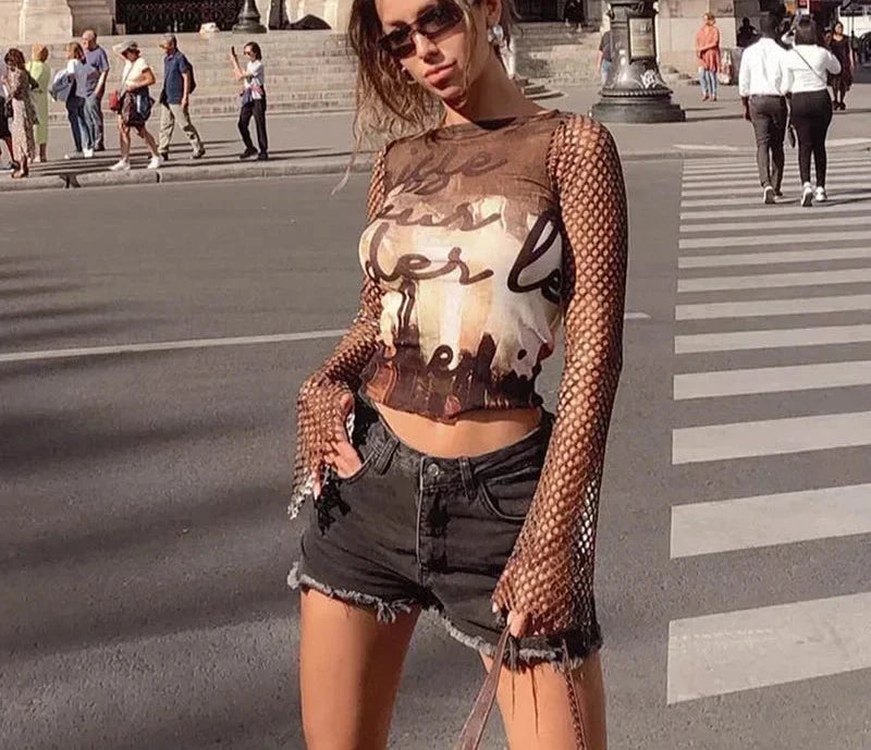 Y2k Sheer Crop Tops Abstract Brown Print Mesh Patchwork Fishnet Hollow Long Sleeve Tshirt Women Graphic Tees P85-AI13