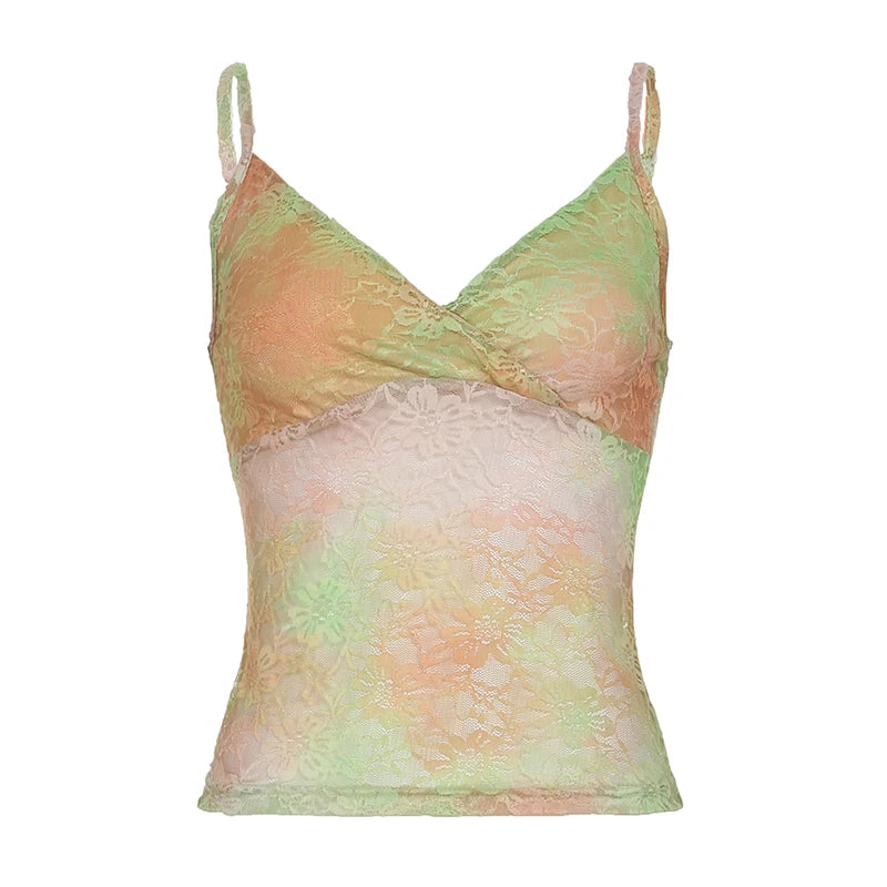 Random Colorful Lace Hook Floral Slimming Camisole Women's Summer Chic Cross V-Neck Mini Cropped Tops Y2K Aesthetics