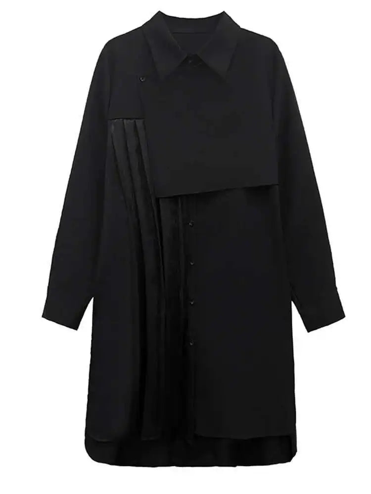 Women Black Velvet Big Size Pleated Mini Shirt Dress New Lapel Long Sleeve Fashion Tide Spring Autumn 2025 1DH5157