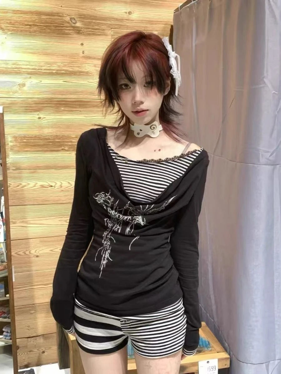 Fake Two Pieces Striped Punk T-shirt Y2k Aesthetic Patchwork Vintage Print Women Tshirts Harajuku Slim Streetwear Ins Tees Femme