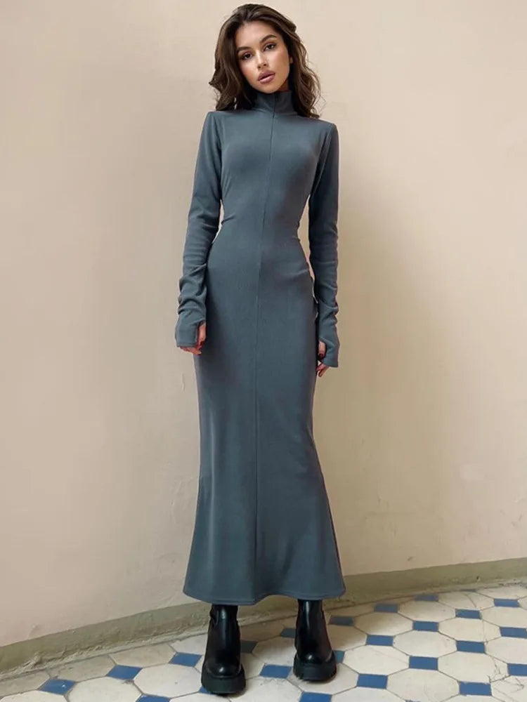 Elegant Turtleneck Long Sleeve Bodycon Long Dress For Women Autumn Winter New Ribbed Zipper Long Dress Fashion Clothes