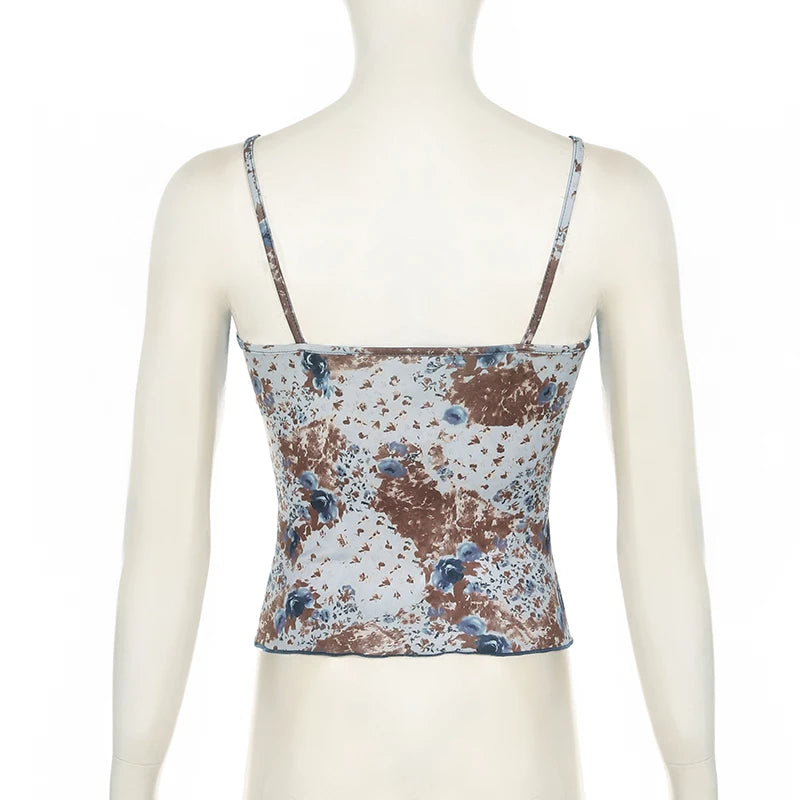 Vinatage Lace Patchwork Floral Printing Camis Women's Summer Slimming Mini Cropped Top Fashion Strap Sexy Clothes New