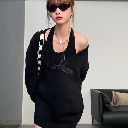 Load image into Gallery viewer, Sexy Korean Fashion Outfits 2025 Spring Autumn Two Pieces Set Women Loose Pullover + Halter Top Letter Print Sweater
