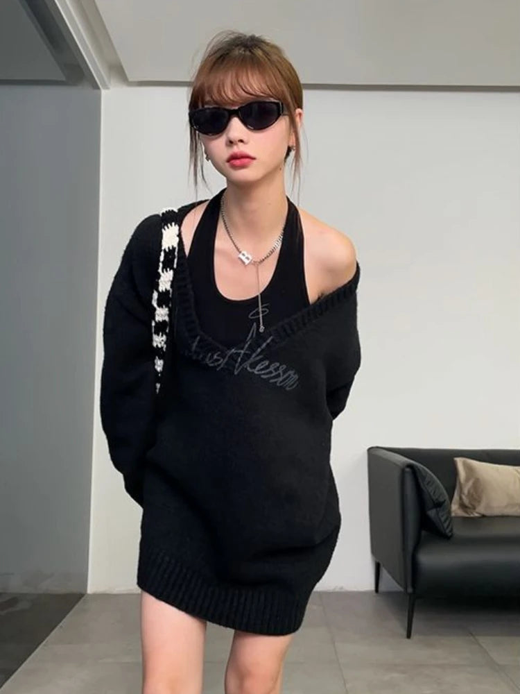 Sexy Korean Fashion Outfits 2025 Spring Autumn Two Pieces Set Women Loose Pullover + Halter Top Letter Print Sweater