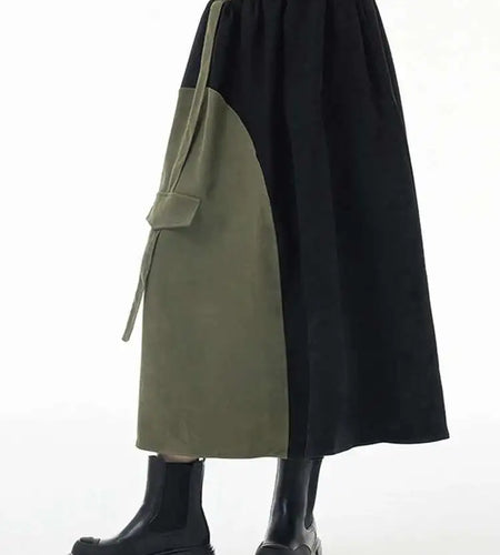 High Elastic Waist Color-block Asymmetric Green A-line Half-body Skirt Women Fashion Tide New Spring Autumn 2025 1DH3872