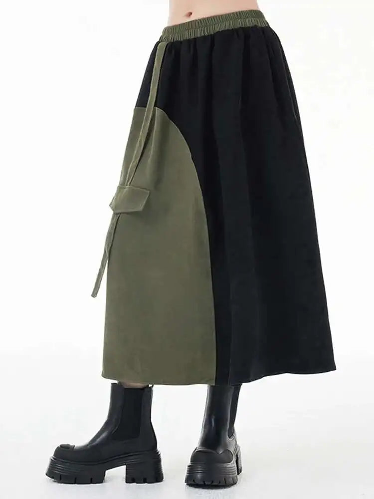 High Elastic Waist Color-block Asymmetric Green A-line Half-body Skirt Women Fashion Tide New Spring Autumn 2025 1DH3872