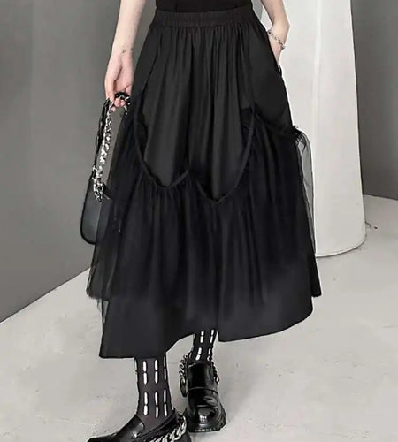 High Elastic Waist Black Mesh String Irregular A-line Half-body Skirt Women Fashion Tide New Spring Autumn 2025 1DH9575