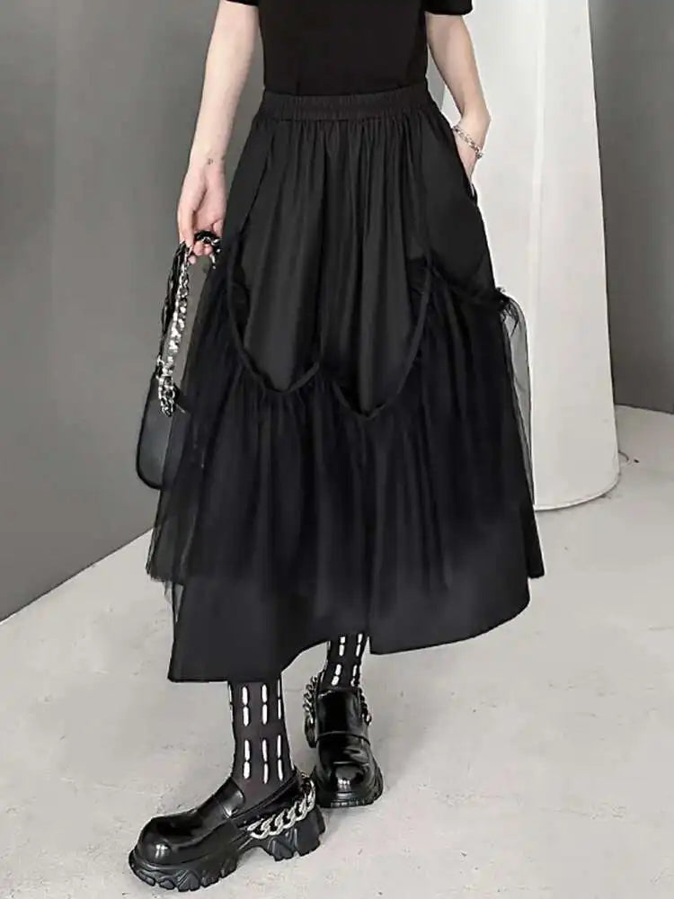 High Elastic Waist Black Mesh String Irregular A-line Half-body Skirt Women Fashion Tide New Spring Autumn 2025 1DH9575