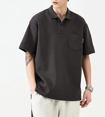 Men's T-shirts Summer Collar Half Sleeved Tees Solid Color Turn-down Collar Pocket Slit Loose Korean New Chic 9W1311