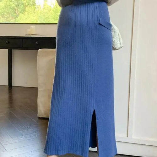 Load image into Gallery viewer, Women Solid Festival Knitted Long Skirt High Waist Slim Autumn Winter Elastic Waist Wrap Hip Split Skirts Fashion Elegant Ladies

