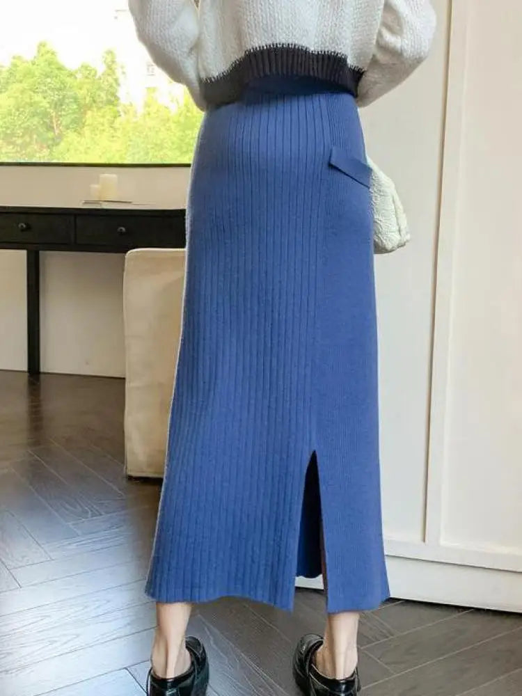 Women Solid Festival Knitted Long Skirt High Waist Slim Autumn Winter Elastic Waist Wrap Hip Split Skirts Fashion Elegant Ladies