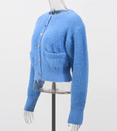 Solid Spliced Single Breasted Fashion Cardigans for Women Round Neck Long Sleeves Patchwork Pockets Cardigan Female