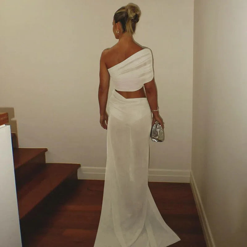 Mesh Hollow Out Backless Sexy Maxi Dress For Women Fashion One Sleeveless See Through Ruched Bodycon Club Long Dress