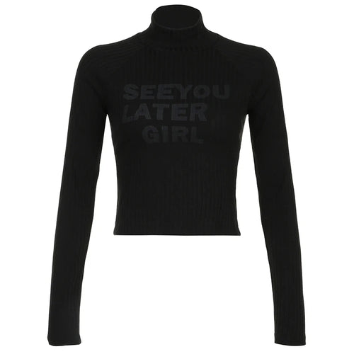 Load image into Gallery viewer, Casual Black Bodycon Knitted Autumn Tee Pullover Slim Letter Printed Turtleneck T shirt Female Cropped Top Clothing
