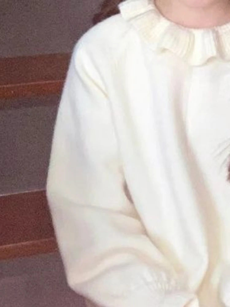 Sweet Ruffled Collar Solid Sweater Women Y2k Aesthetic Winter Loose Irregular Tops Harajuku Fairy Flare Sleeve Knitwear Jumper