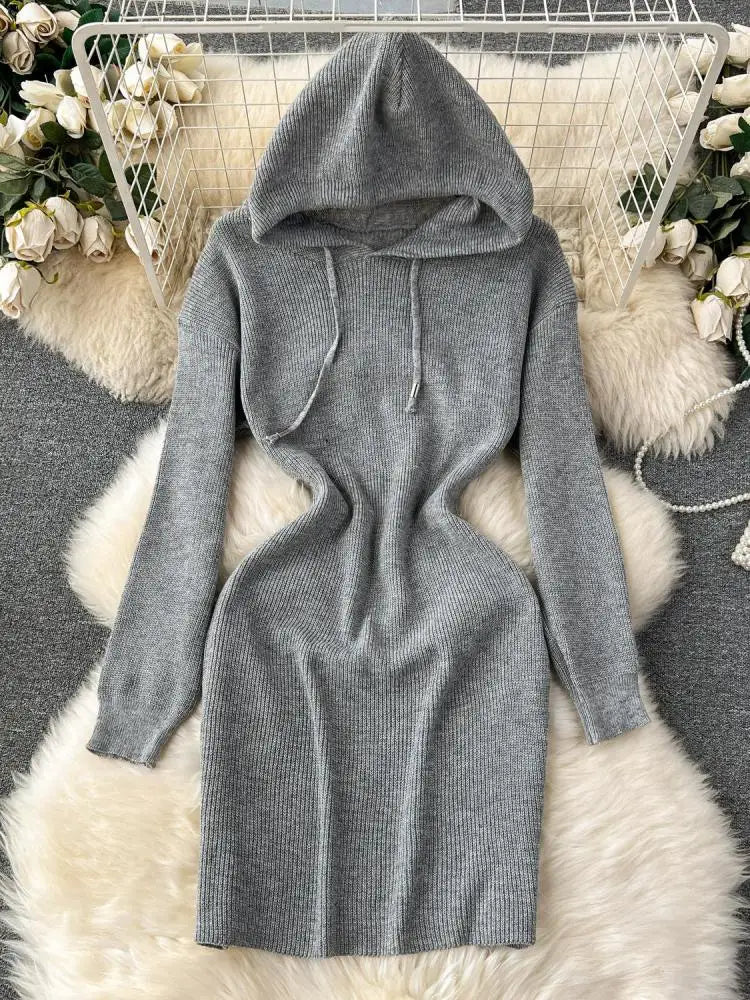 Autumn New White Slim Elegant Long Sleeve Hooded Mini Dress Women Black Elegant Slim Gray Knit Hip Wrap Dresses Popular Fashion