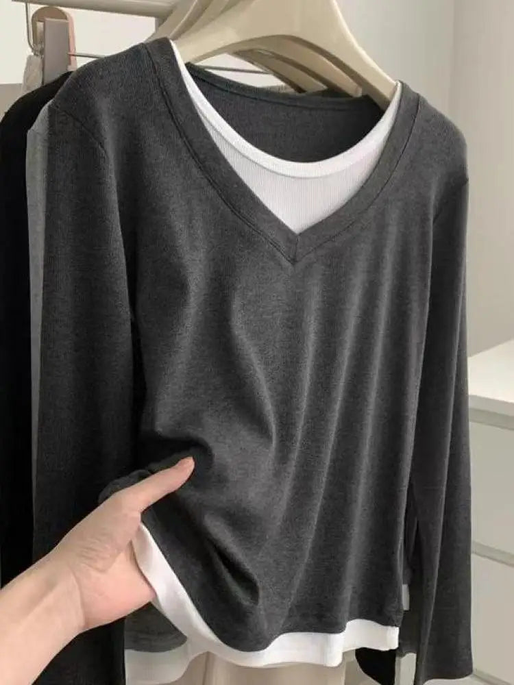 Korean Fashion Women's Patchwork Round Neck Versatile Cotton T Shirt Autumn Long Sleeves Vacation Pullovers Tops Casual Simple