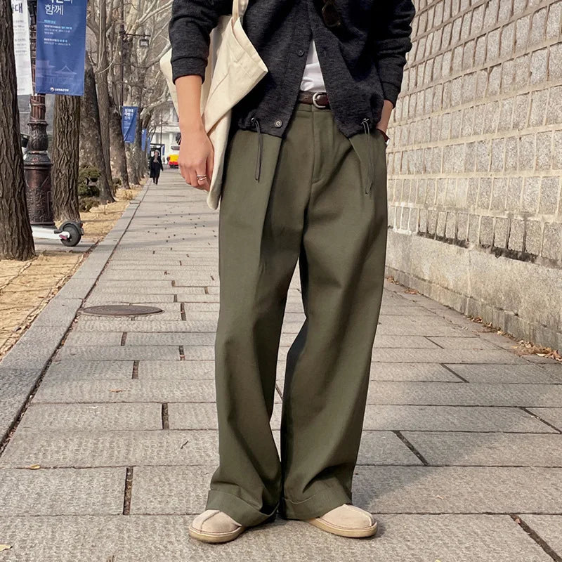 Korean Style Loose Men's Casual Pants Straight Wide Leg Solid Color Male Trousers Zippers Stylish Summer 9C6234