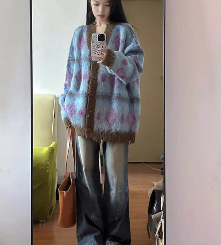 Y2k Aesthetic Contrast Color Jacquard Cardigan Women Oversized Vintage Hole Knitted Sweater Harajuku Single Breasted Streetwear