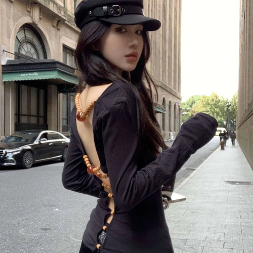 Load image into Gallery viewer, Sexy Hollow Out Grunge String Beads Shirts Femme Slim Y2k Aesthetic Solid Streetwear Cropped Tops Women Harajuku Grunge T-shirt
