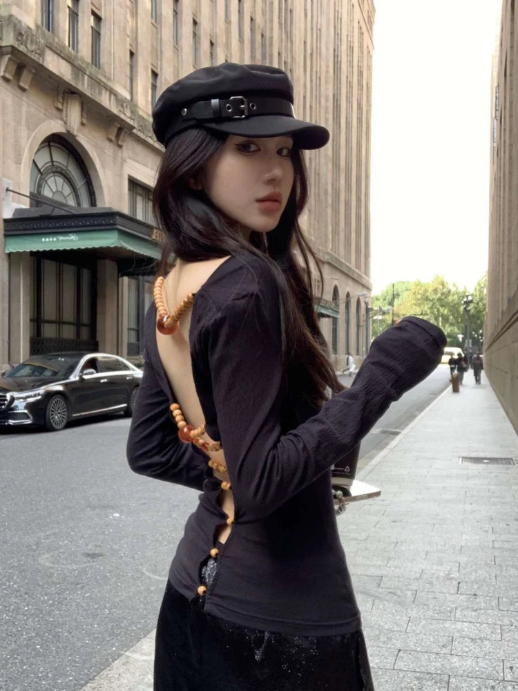 Sexy Hollow Out Grunge String Beads Shirts Femme Slim Y2k Aesthetic Solid Streetwear Cropped Tops Women Harajuku Grunge T-shirt
