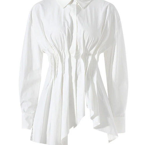Load image into Gallery viewer, Women White Irregular Hem Pleated Elegant Blouse New Lapel Long Sleeve Shirt Fashion Tide Spring Autumn 2025 7AB3817
