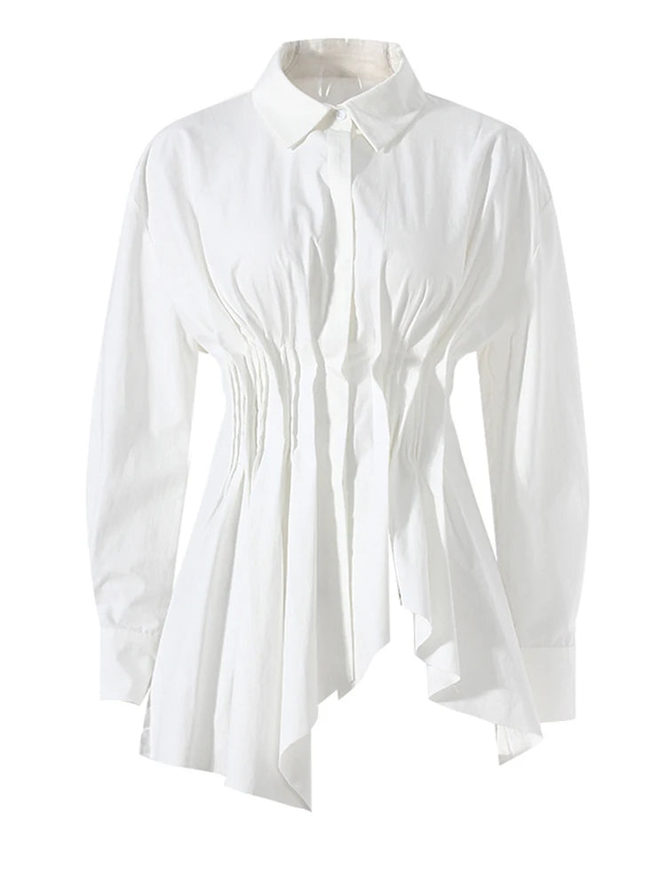 Women White Irregular Hem Pleated Elegant Blouse New Lapel Long Sleeve Shirt Fashion Tide Spring Autumn 2025 7AB3817