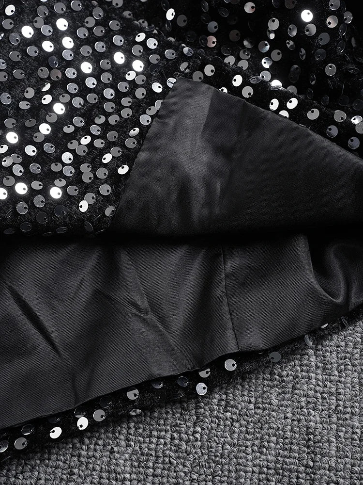 Women Black Irregular Hem Sequins Big Size Blazer New Lapel Long Sleeve Jacket Fashion Tide Spring Autumn 2025 CPG2606