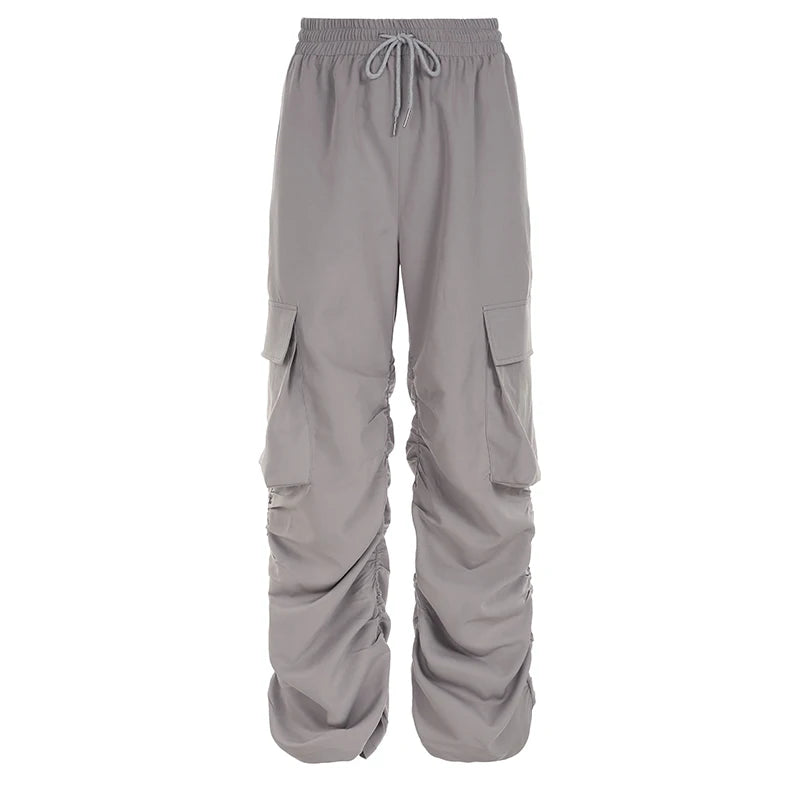 Harajuku Drawstring Elastic Waist Sweatpants Cargo Trousers Female Casual Shirring Pockets Stacked Pants Baggy Bottom