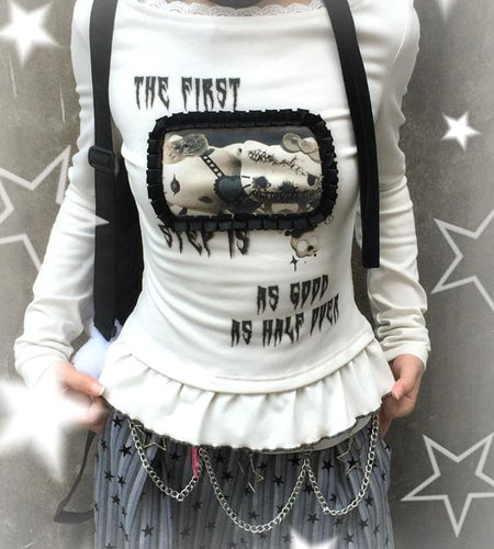 Harajuku Cartoon Print Cute T-shirts Streetwear Slim Fit Y2k Aesthetic Ruffled Autumn Shirts Women Grunge BLace Patchwork Tops