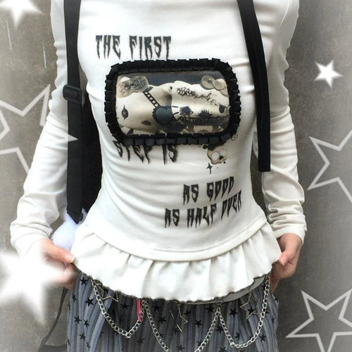 Load image into Gallery viewer, Harajuku Cartoon Print Cute T-shirts Streetwear Slim Fit Y2k Aesthetic Ruffled Autumn Shirts Women Grunge BLace Patchwork Tops
