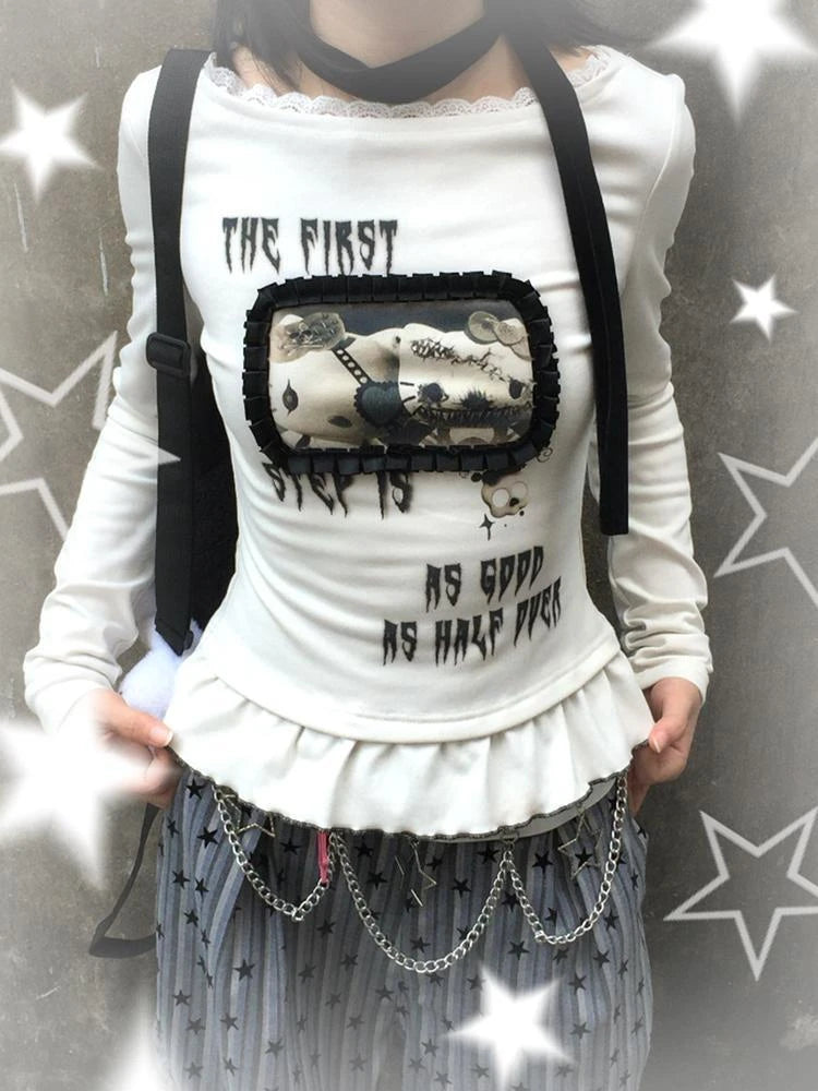 Harajuku Cartoon Print Cute T-shirts Streetwear Slim Fit Y2k Aesthetic Ruffled Autumn Shirts Women Grunge BLace Patchwork Tops