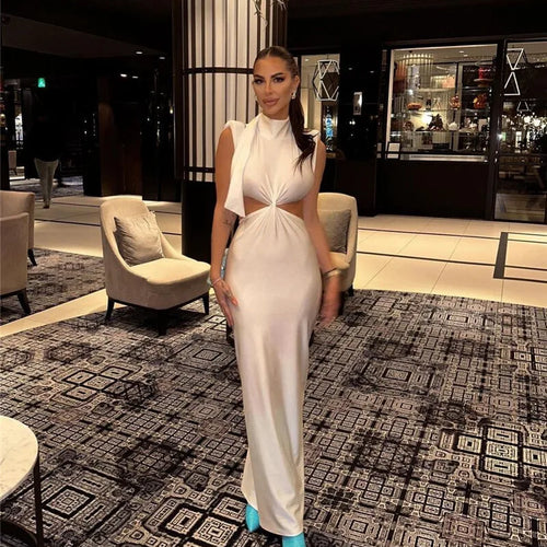 Load image into Gallery viewer, Hollow Out Turtleneck Sexy Maxi Dress For Women Fashion Solid Sleeveless Bodycon Tank Dresses Femme Club Party Dress
