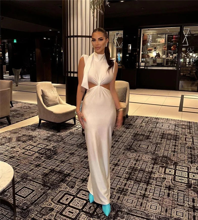 Hollow Out Turtleneck Sexy Maxi Dress For Women Fashion Solid Sleeveless Bodycon Tank Dresses Femme Club Party Dress