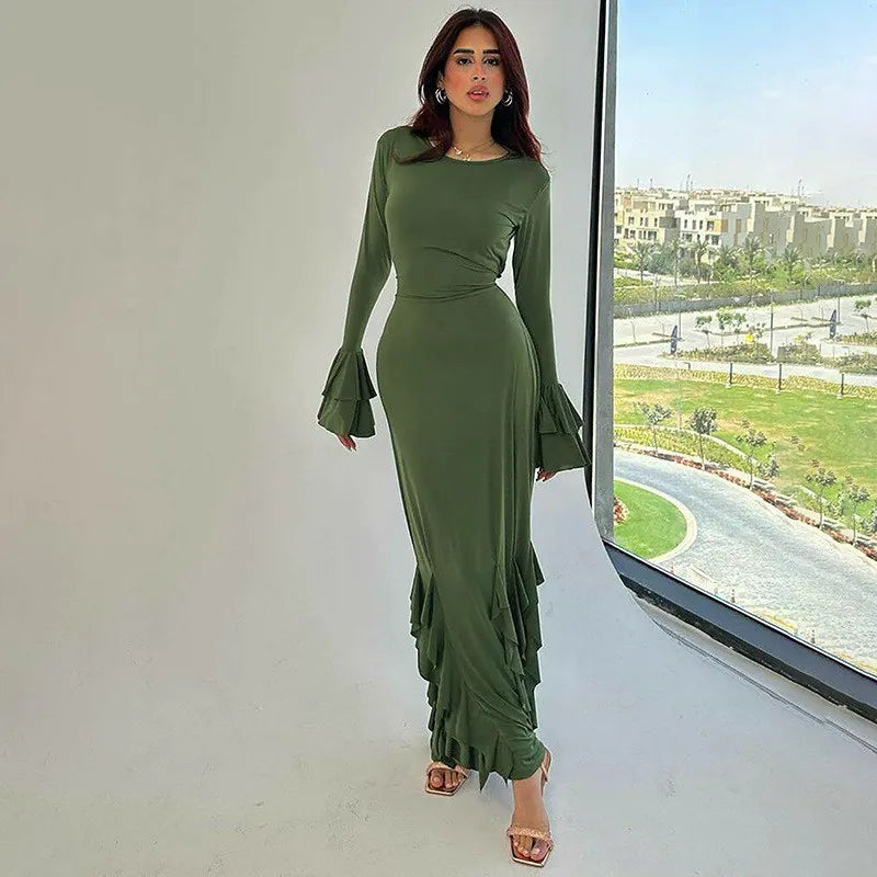 Lace-up Long Flare Sleeve Maxi Dress For Women Gown Autumn New Fashion O Neck Loose Ruffled Sexy Long Dress Elegant