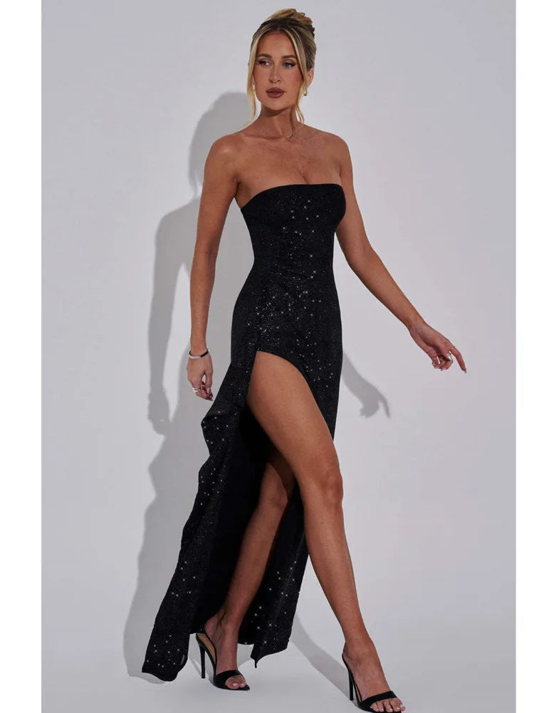 Elegant Strapless Bodycon High Slit Evening Gown Women Sexy Sleeveless Backless Tight Long Dress Slim Party Club Vestido