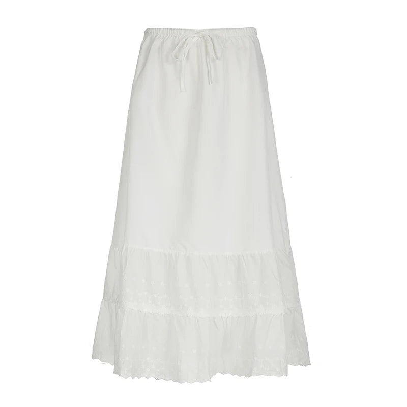 Holidays Streetwear White Maxi Skirt Summer Jacquard Lace Trim Korean Fashion Beach Women Skirt Long French Clothing