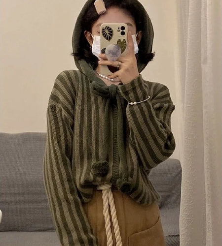 2025 Spring Autumn Korean Hooded Loose Harajuku Sweaters Women Striped Zipper Cardigan Knitted Fashion Gothic Y2k Tops Jumper