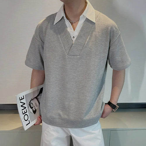 Load image into Gallery viewer, Men's Short Sleeve T-shirts New Summer Korean Casual Turn-down Collar Splicing Fake Two-piece Design Male Top 9W1676
