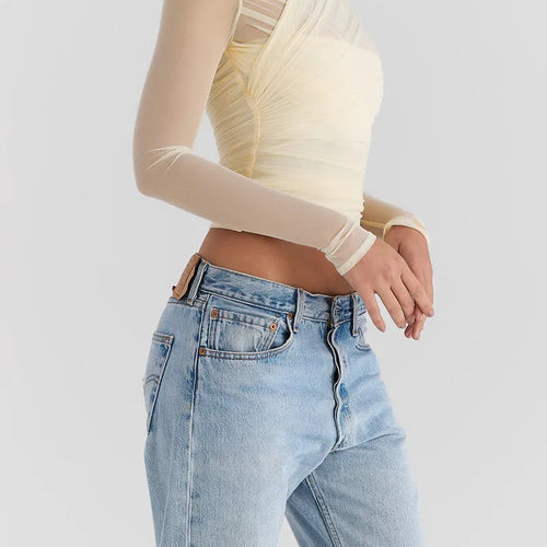 Load image into Gallery viewer, Sheer Mesh Long Sleeve Sexy T-shirt Women 2023 Autumn New V Neck Zipper Layered Skinny Club Party Sexy Tops
