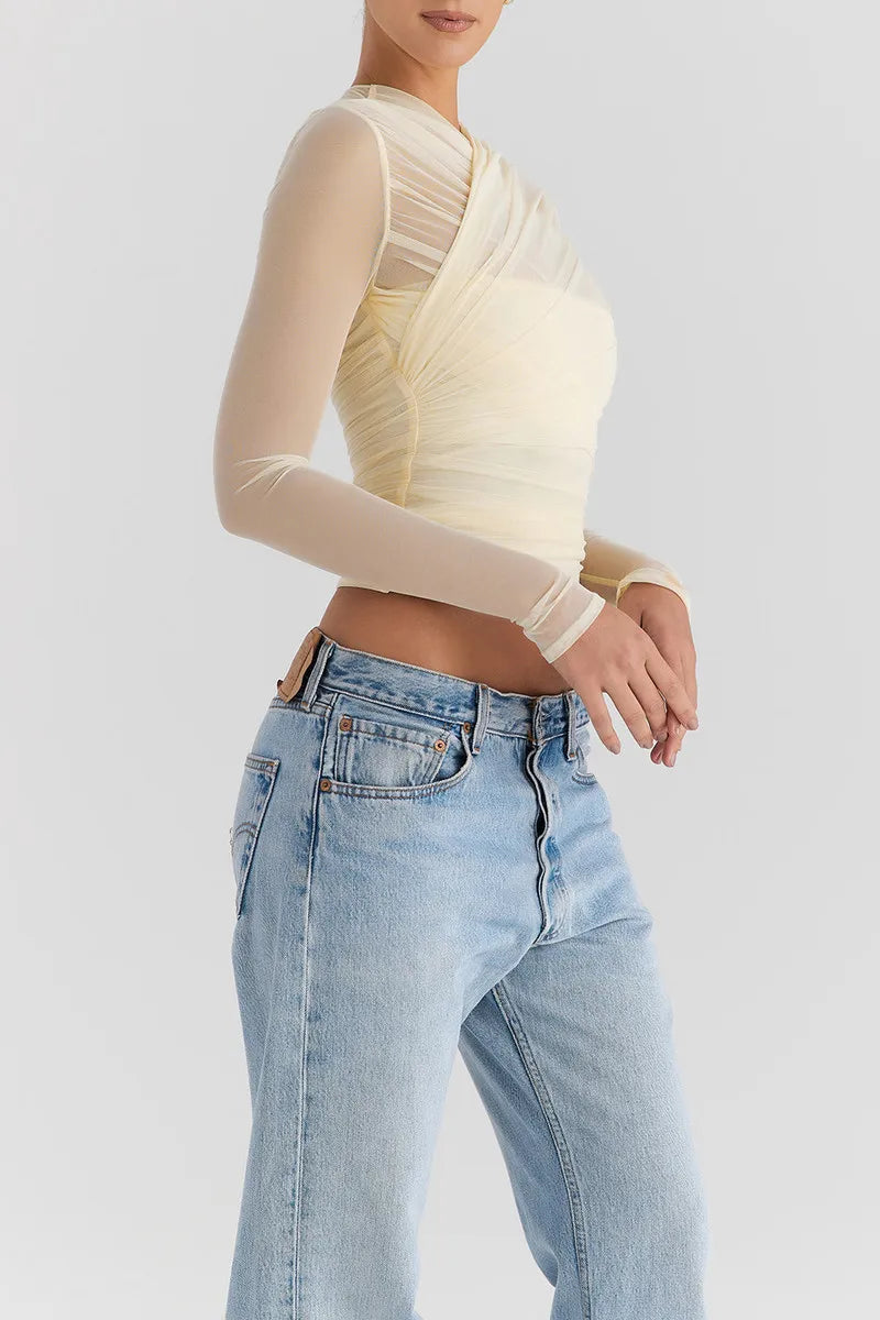 Sheer Mesh Long Sleeve Sexy T-shirt Women 2023 Autumn New V Neck Zipper Layered Skinny Club Party Sexy Tops