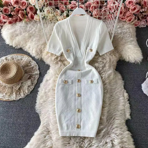 Load image into Gallery viewer, Women 2024 Solid Deep V-neck Short-sleeved Elegant A-line Dress Spring Summer Single Breasted Office Knit Wrap Hip Short Dresses
