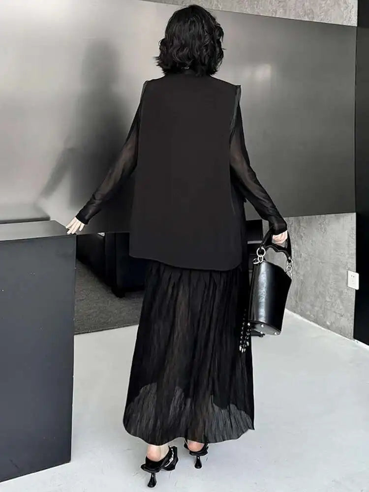 Black Big Size Vest Pleated Skirt Two Pieces Suit New V-Neck Sleeveless Women Fashion Tide Spring Autumn 2025 1DJ0261