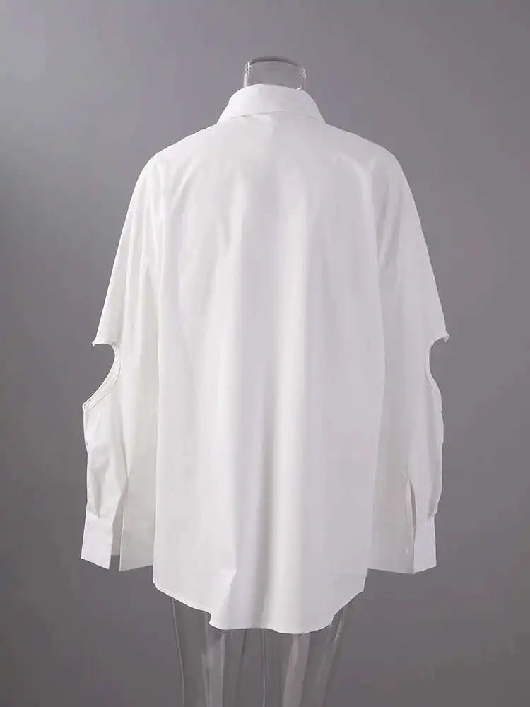 Women White Hollow Out Spliced Big Size Casual Blouse New Lapel Long Sleeve Shirt Fashion Tide Spring Autumn 2025 CPG2982