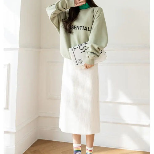 Load image into Gallery viewer, Korean Fashion Black White Elegant Office Thick Skirt Women Autumn Winter Brown Slim High Waist Velvet Knitted Long Skirts Trend
